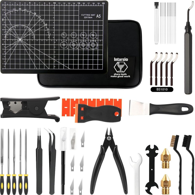 Intarsio 52-in-One 3D Printer Tools Kit, Professional 3D Printer Accessories & Maintenance Set for All FDM/SLA Printers, Deburring Tool, 3D Printer Nozzles, Scrapers, Files Set, PTFE Tube Cutter, Storage Bag - Image 1
